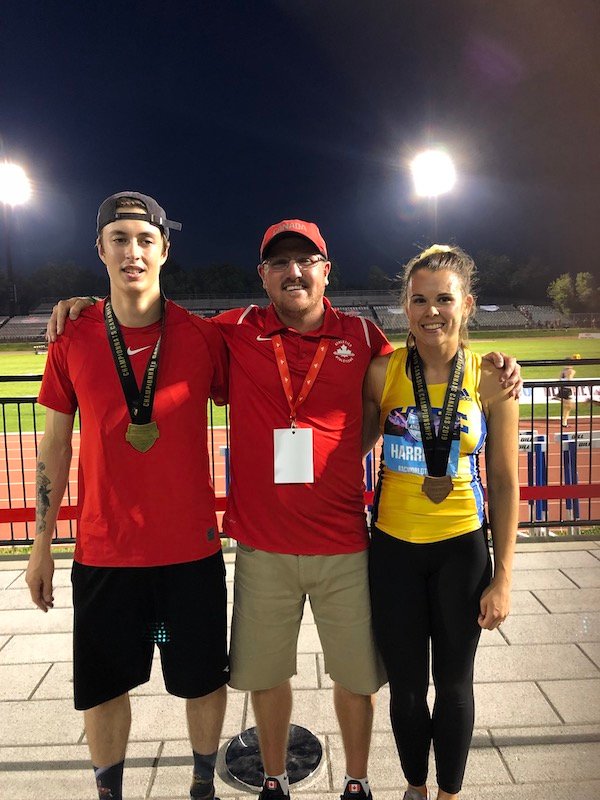 Jason (middle) with 2019 Canadian Championships Medalists - Payne Wylie U20 Gold & Michelle Harrison Senior 100m Hurdles Bronze